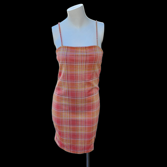 Rue 21 Orange Yellow Plaid Side Slit Mini Dress Womens Size S Spagetti Strap NWT - Picture 1 of 11